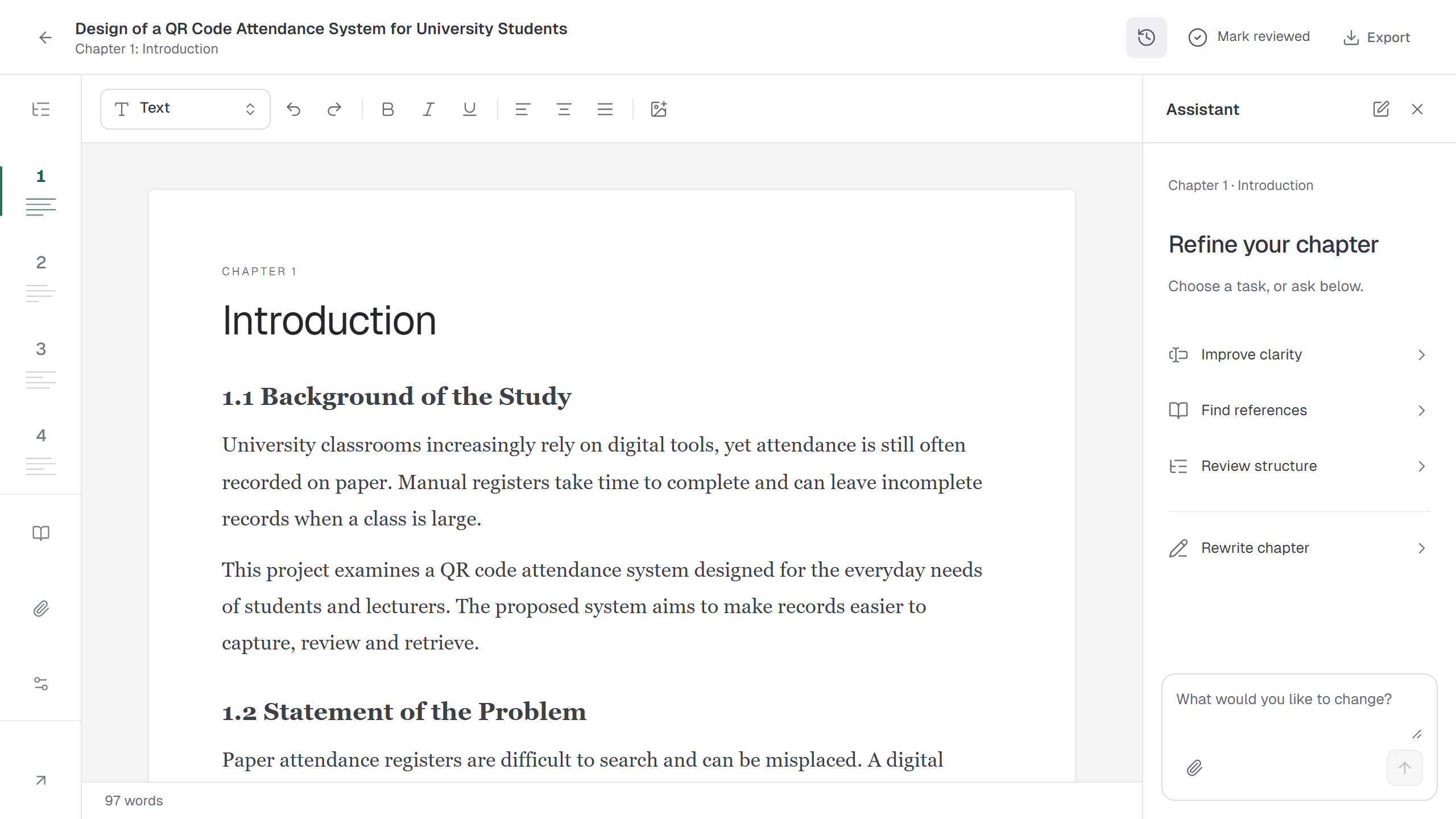 Final Year editor showing the real chapter rail, document toolbar, chapter draft, and research assistant