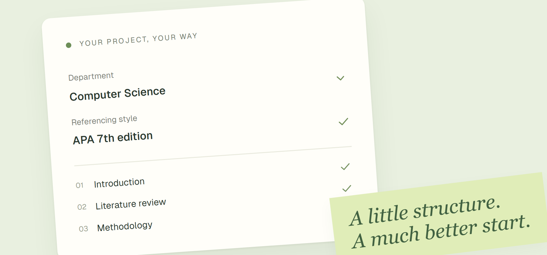 Project setup with department, referencing style and chapter outline