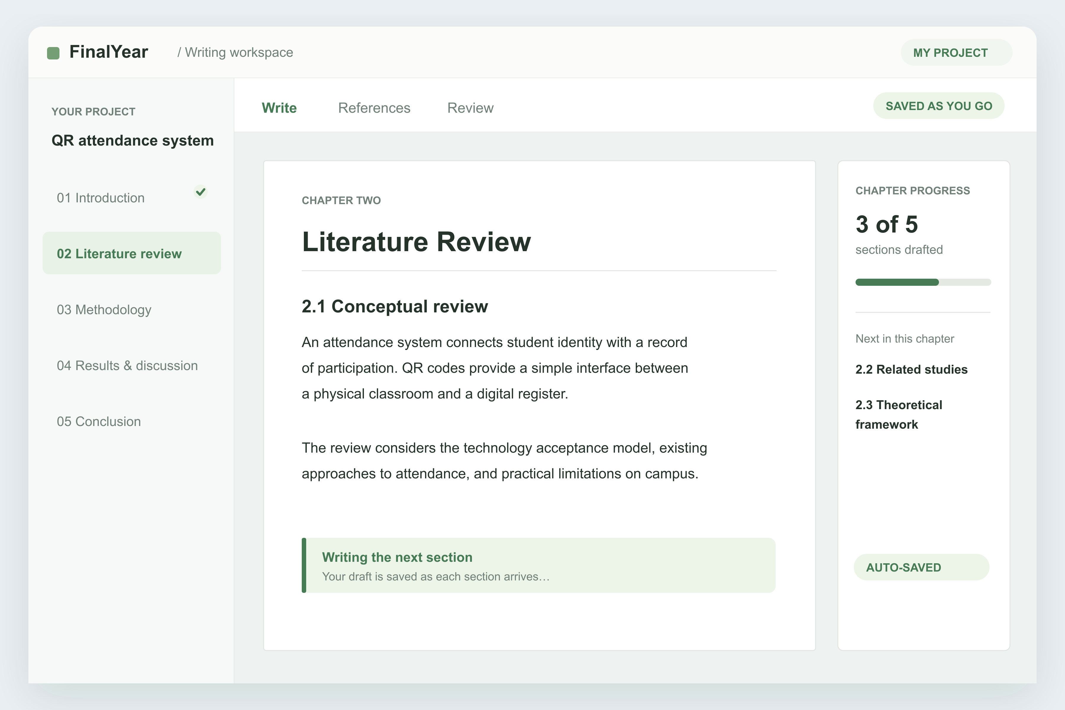 Writing workspace with chapter navigation and saved draft progress